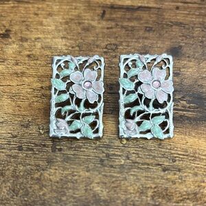 1928 Silver Earrings with Pink and Green Floral Design